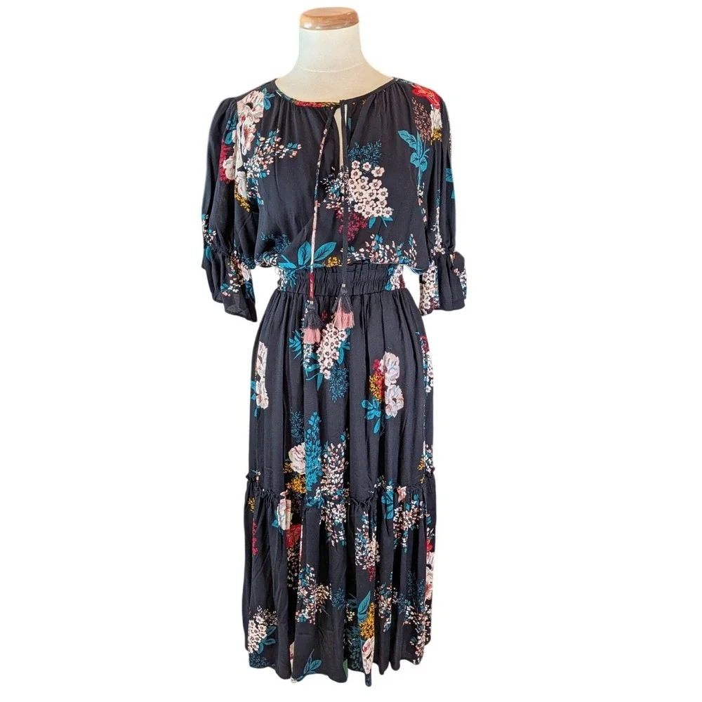 Lovestitch Floral Prairie Midi Dress Black Tassel Tie Boho Cottagecore Small - Picture 1 of 8